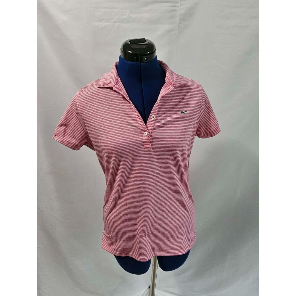 Vineyard Vines Women’s XS Pink White Striped Polo Shirt Stretch Whale Logo